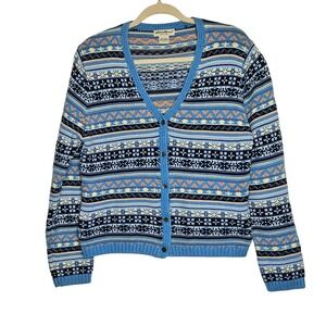 Eddie Bauer‎ Cotton Knit Cardigan Sweater Blue Nordic Fair Isle Womens Medium